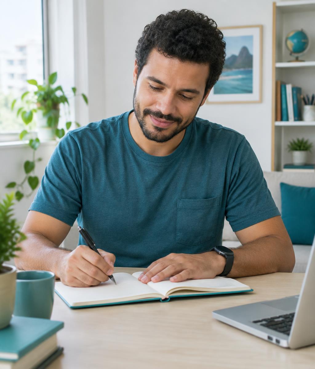 Homem organizando pequenas ações em um caderno